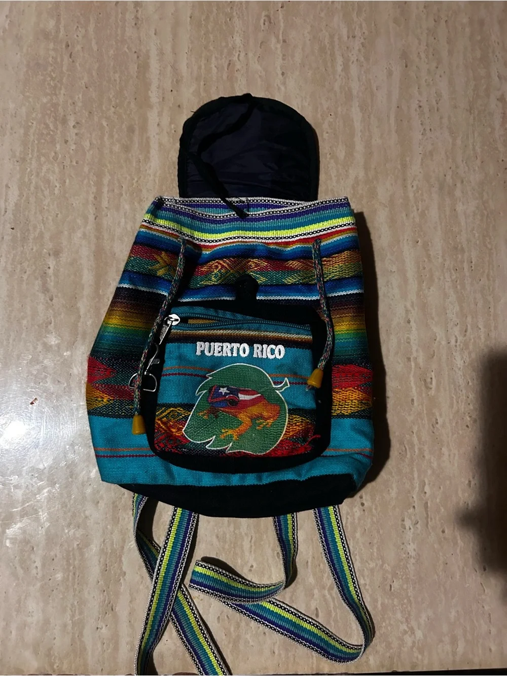 Handmade Puerto Rico Mini Backpack Coqui Frog Serape Drawstring Boho Bag